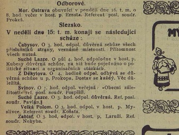 Pozvánka na schůze Soc. Dem. noviny Duch času 1911