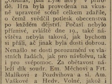 DTJ sehrál 19. a 26. srpna 1923 divadelní hru - Ondráš, pán Lysé hory